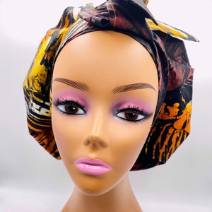 Handmade Wax Ankara SATIN LINED Adjustable Tie Bonnet that is Versatile as a Scrub Cap  African Fabric Print Loc Cap Head wrap