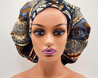 Czapka z wiązaniem z satyny Ankara: Regulowana chusta na głowę z afrykańskim nadrukiem