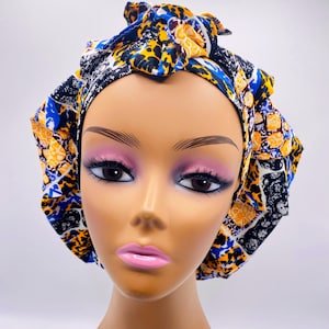 Handmade Ankara SATIN LINED Adjustable Tie Bonnet that is versatile as a Scrub Cap  African Fabric Print Loc Cap Reversible Head wrap