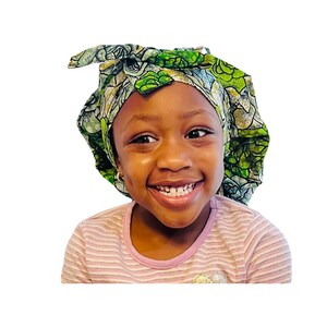 Green Kids Slip-Free Ankara SATIN LINED  Bonnet, Kids Ankara Headwrap, Children Stay on Sleep Bonnet, Kids Sleep Cap, Kids, Hair Accessory