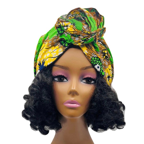 Big Hair Pretied Flower Knot Large Turban Satin Lined Ankara Hat, Pretied Head Wrap, Protective Head Covering with Satin Lining