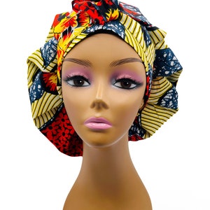 Handmade Ankara Satin Lined Adjustable Tie Bonnet, African Headwrap, African Print Headwrap, Headtie, Luxury Silk Headwrap