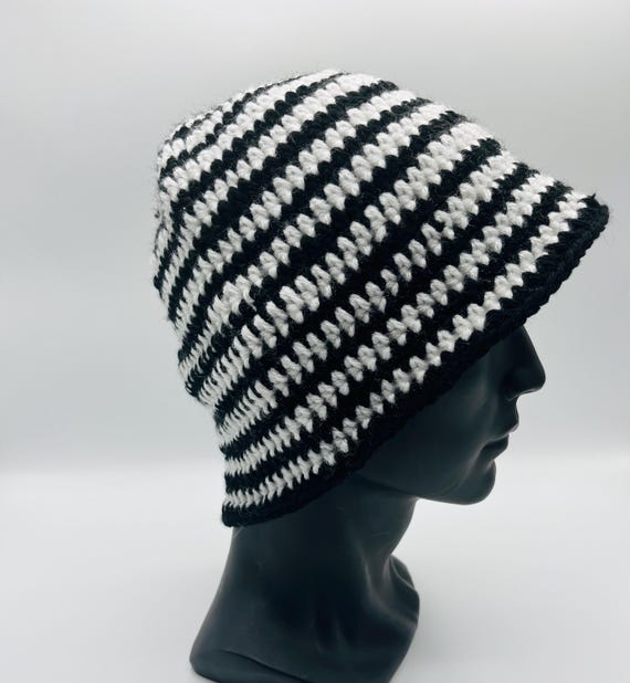 Beanie hat Handmade Black and white crochet acrylic Unmissable! Check out this Black Crochet Bucket Hat with  main image 4