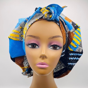 Blue Ankara SATIN LINED Adjustable Tie Bonnet that is versatile as a Scrub Cap  African Fabric Print Loc Cap Reversible Head wrap