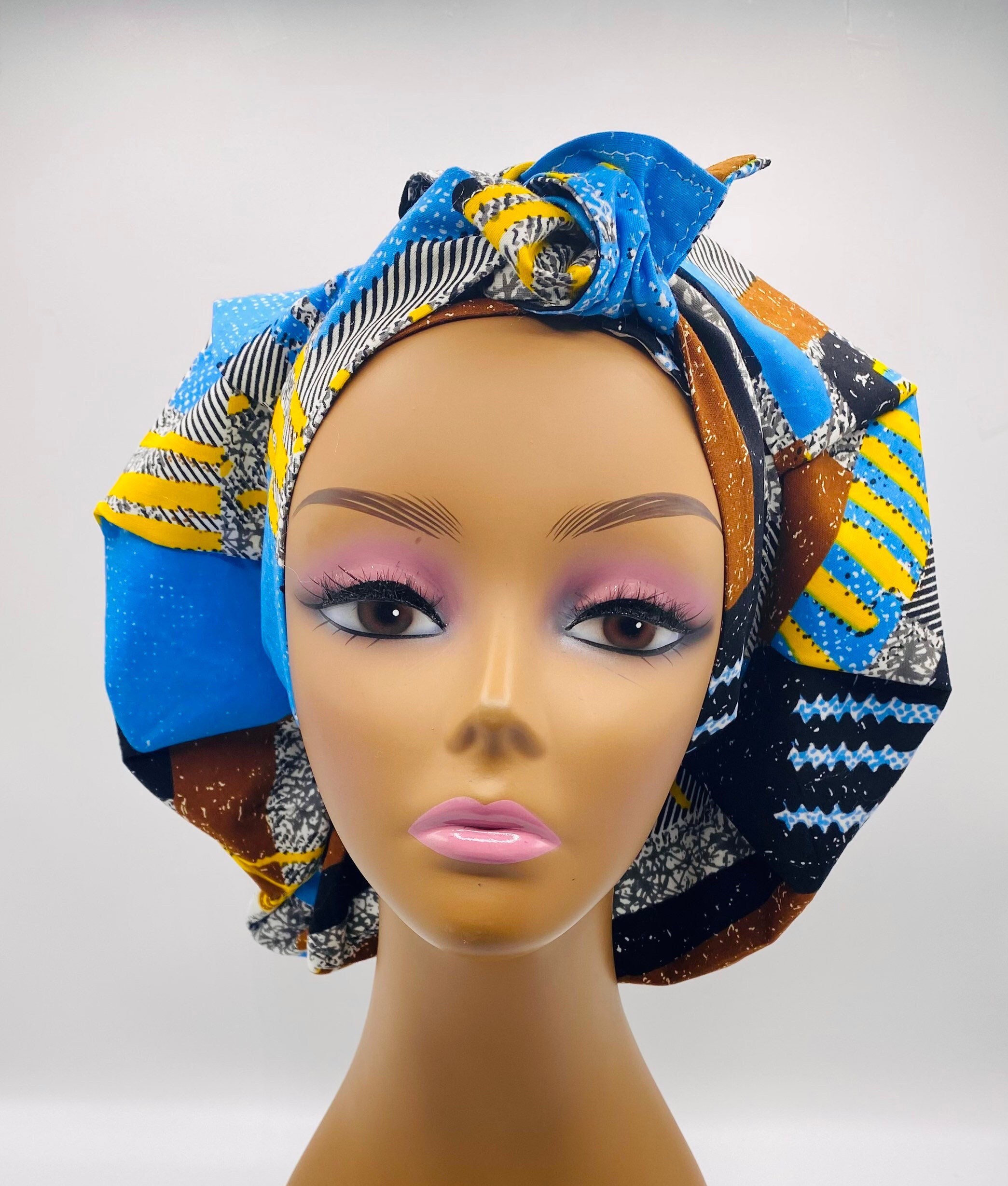 Blue Ankara Satin-Lined Bonnet: Adjustable African Print Headwrap
