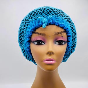 Bright Blue Crochet Hair Net, Handmade Vintage-Style Snood for Braids, Locs and Protective Styles