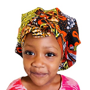Children Handmade Ankara Satin Lined Adjustable Tie Bonnet, African Headwrap, African Print Headwrap, Headtie, Luxury Silk Headwrap