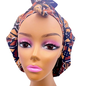 Handmade Ankara SATIN LINED Adjustable Tie Bonnet that is Versatile as a Scrub Cap  African Fabric Print Loc Cap Head wrap