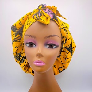 Yellow Ankara Satin Lined Protective Adjustable Tie Bonnet and Headwrap. Versatile as a Scrub Cap African Print African Headwrap, Handmade
