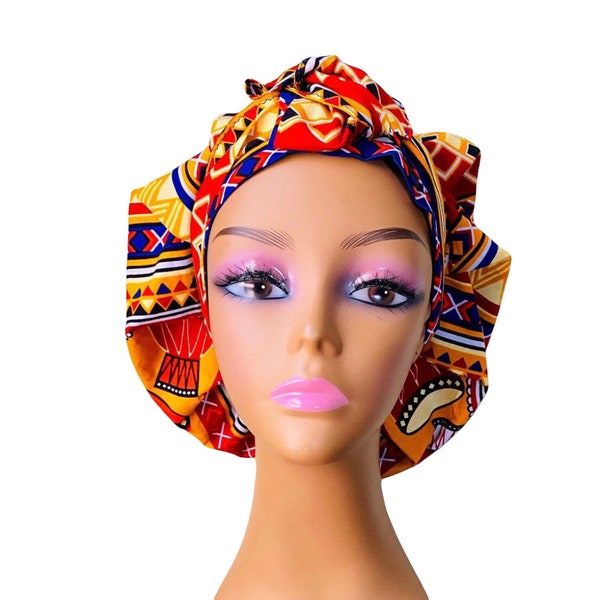 Handmade Ankara SATIN LINED Adjustable Tie Bonnet that is versatile as a Scrub Cap  African Fabric Print Loc Cap Reversible Head wrap