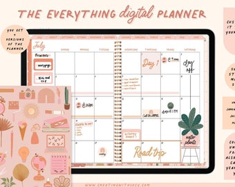 May include: A digital planner with a pink and brown color scheme. The planner has a monthly calendar view with a weekly view on the right side. The planner is decorated with illustrations of plants, a road trip, and other cute designs. The planner is available in undated, January start, and July start formats.