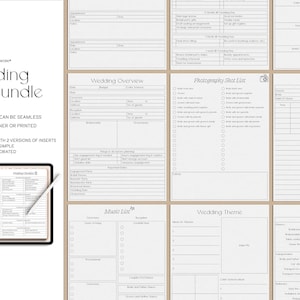 May include: A printable wedding planner insert bundle with 70 pages. The bundle includes a wedding overview, photography shot list, music list, wedding theme, and complete budget pages. The pages are designed with a classic and simple style.