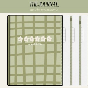 May include: A green and white checkered journal with the text "MATCHA + notes" and a green border. The journal has three blank pages with green lines.