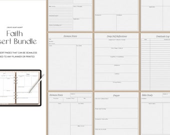 May include: A printable faith insert bundle for planners. The bundle includes pages for sermon notes, deep self reflections, gratitude logs, prayer, and bible study.