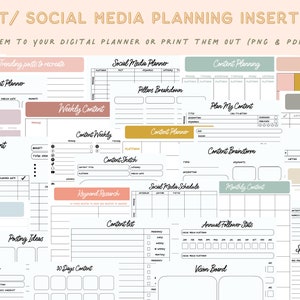 May include: A set of printable social media planning templates with a pastel color scheme. The templates include sections for content ideas, weekly content, content equipment, content post ideas, keyword research, content planner, social media schedule, content brainstorm, monthly content, content checklist, post planner, content post planner, 30 days content, content calendar, annual follower stats, vision board, and sponsored content.