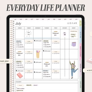 May include: A digital planner with a July calendar on the screen. The planner is open to the month of July and has a variety of tasks and appointments listed. The planner is surrounded by various icons, including a cup of coffee, a pencil, a laptop, and a to-do list.