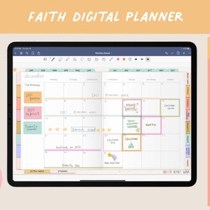 Puede incluir: Una aplicación de planificación digital en la pantalla de una tableta con una vista de calendario para diciembre. El calendario está lleno de notas escritas a mano y eventos, incluyendo "Christmas Eve", "Good Trip" y "Reflect on 2020". La aplicación también incluye un panel lateral con una lista de funciones, como "Brain Dump", "Fitness" y "Meal Planning".