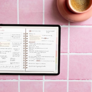 May include: A close-up of a pink and white tiled surface with a black tablet open to a page of a journal. The journal page has handwritten notes about the fear of the Lord and the importance of respect, admiration, and reverence for God. The tablet is open to a page with the title "Best Internet Memes of the Day" and the text "Do not try to negotiate with God."