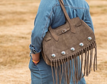 Western Leather Bag, Fringe Shoulder Bag, Boho Leather Purse, Festival Bag, Handmade Nubuck Bag