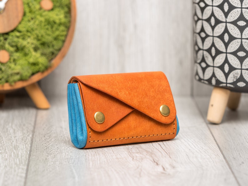 Personalised leather wallet, leather coin purse, card holder Olmo/Turquoise