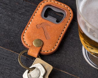 Personalised Bottle Opener Keyring, Leather Keyring for Men, Small Gift for Him