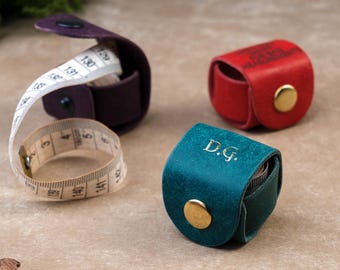 Leather Measuring Tape Case – Personalised Sewing Tool Holder – Gift for Tailor