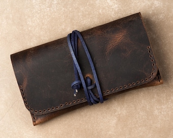 Personalised  Leather Tobacco Pouch, Handmade Roll-Up Case with Rolling Paper Holder