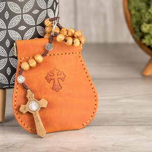 Handmade leather rosary pouch, rosary case with embossed cross, personalised leather rosary pouch, leather catolic gift