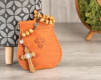 Handmade leather rosary pouch, rosary case with embossed cross, personalised leather rosary pouch, leather catolic gift