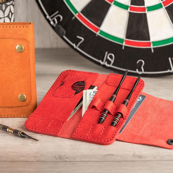 Personalised handmade leather dart case, leather soft dart cover, leather dart wallet, soft dart set holder, personalized leather gift