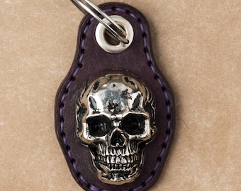 Handmade Leather Skull Keychain: Badalassi Pueblo, Rock / Goth Style Key Fob