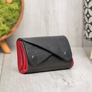 Personalised leather wallet, leather coin purse, card holder Black/Burgundy