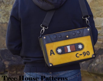 Handmade leather cassette tape crossbody bag, retro style leather shoulder bag