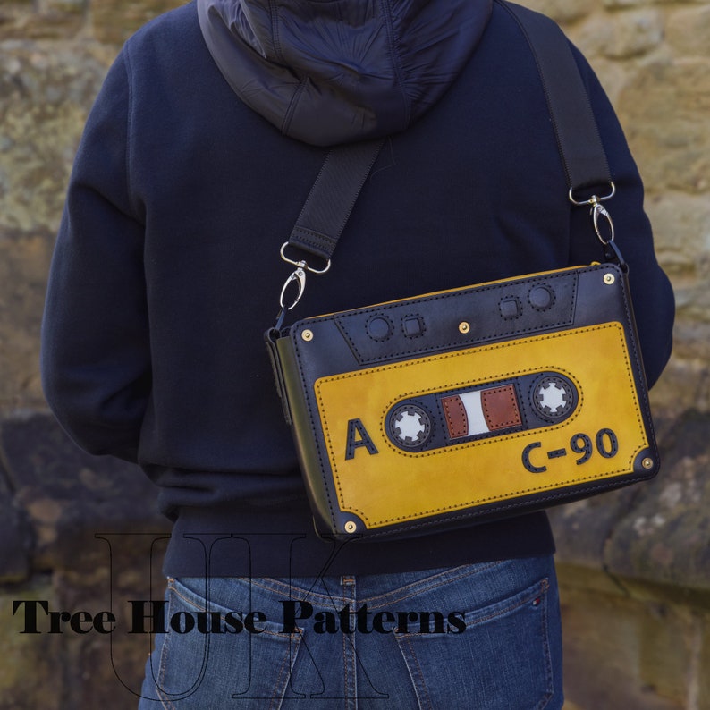 Handmade leather cassette tape crossbody bag, retro style leather shoulder bag image 1