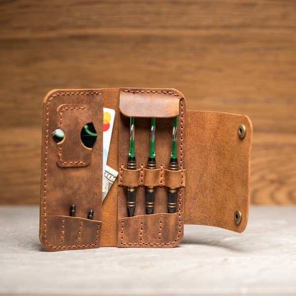 Personalised handmade "Pull up" leather soft dart case, natural leather soft dart pouch
