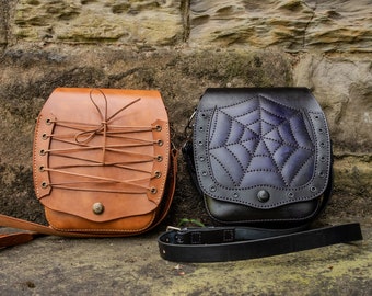 Bolsos de hombro estilo gótico de cuero hechos a mano, bolso de cuero de tela de araña, bolso de cuero corsé