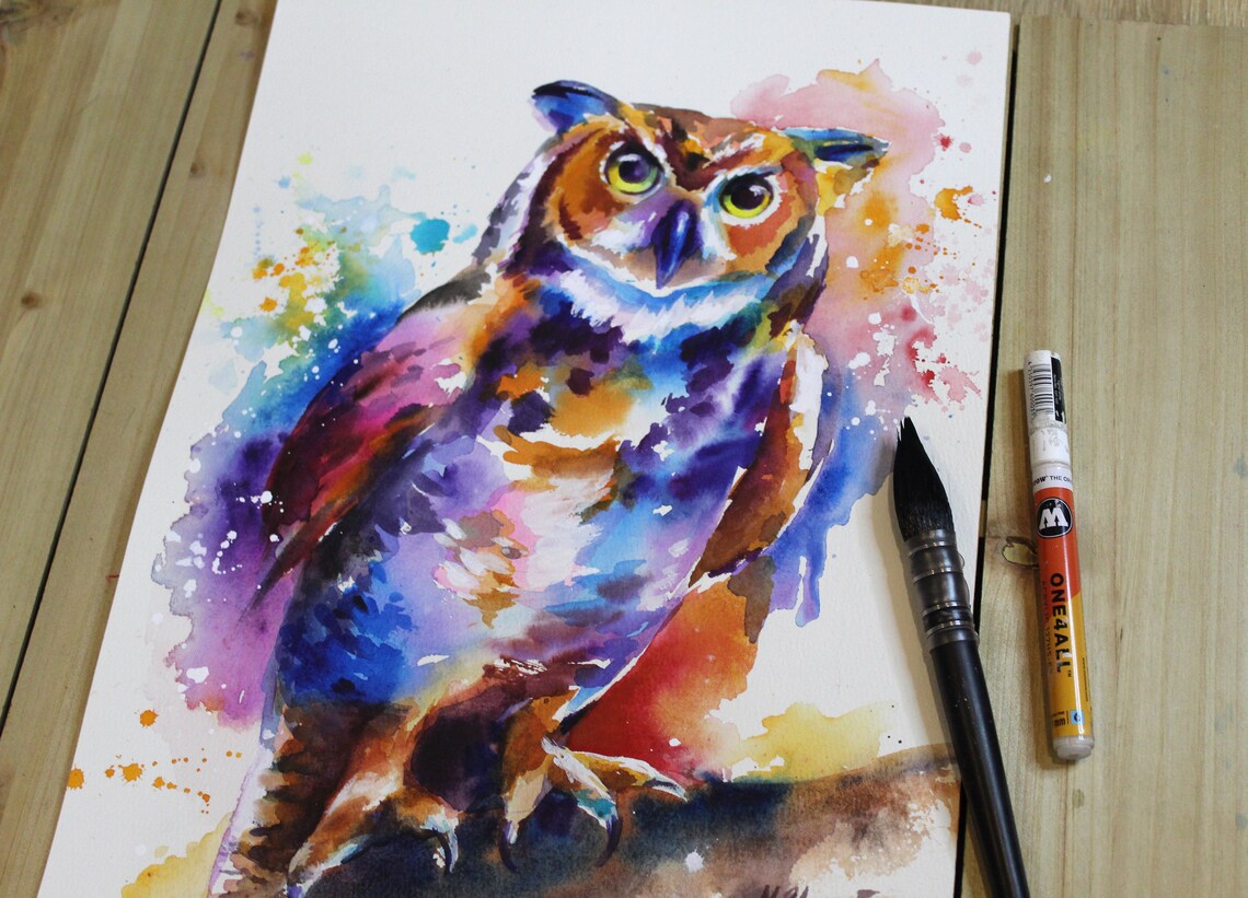 Eule Aquarell Malerei Eule Illustration Vogel Original Kunst | Etsy