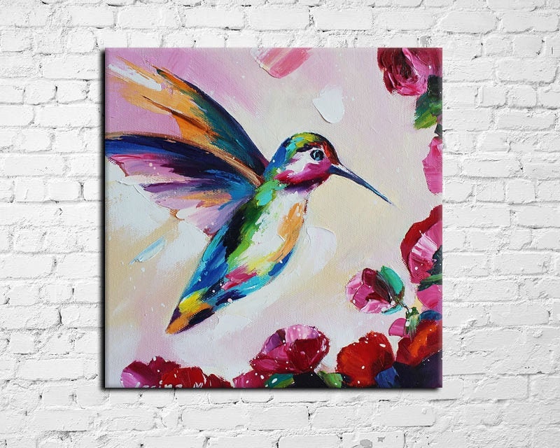 Hummingbird painting original oil 12x12 inches palette knife Etsy