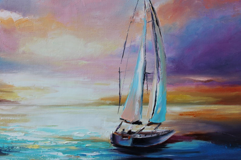 Seascape Oil Painting Yacht Original Art Sunset Sea Artwork Etsy