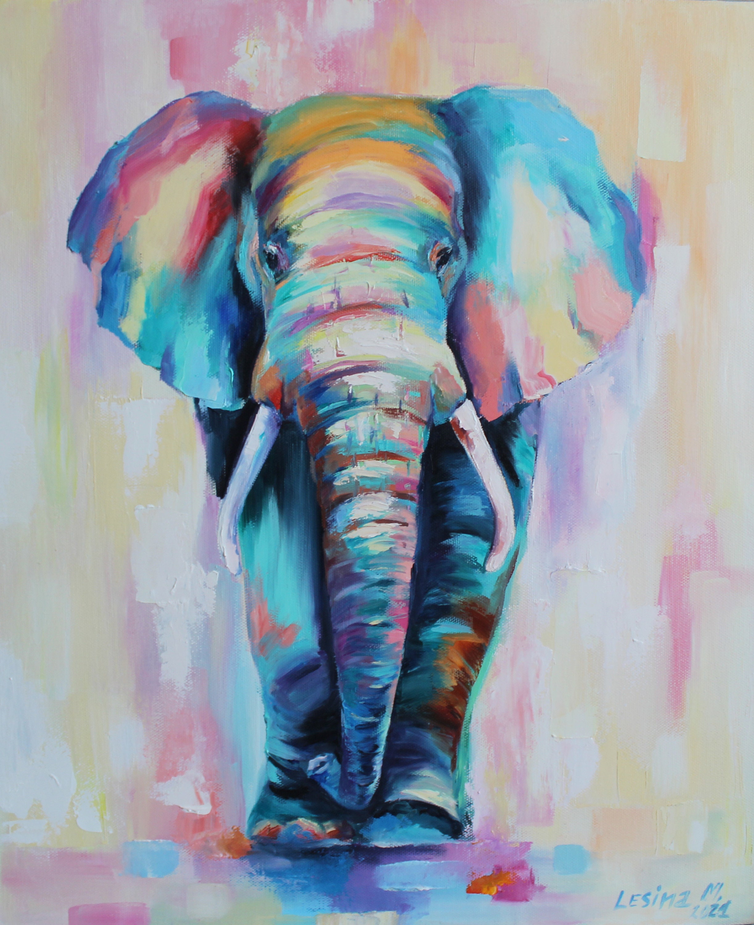 Colorful Elephant Painting Modern Multicolor Animals Oil Art Etsy