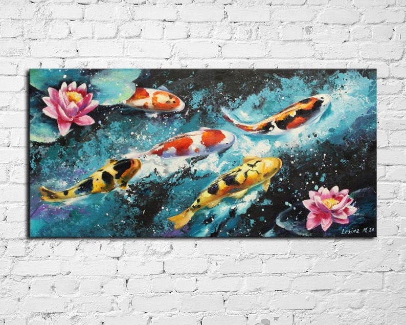 Koi fish painting on canvas Carp oil art Feng Shui painting Japanese Carp Turquoise wall art Fish wall decor Original art 1632 in.