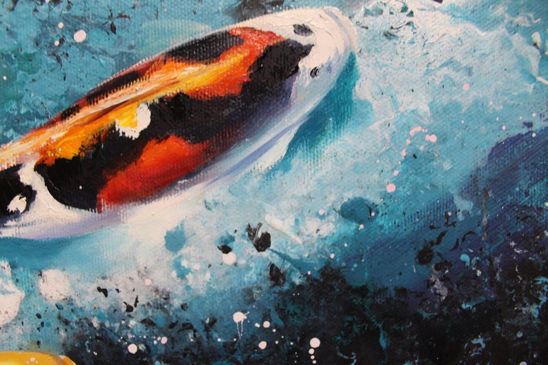 Koi fish painting on canvas Carp oil art Feng Shui painting Japanese Carp Turquoise wall art Fish wall decor Original art 1632 in.