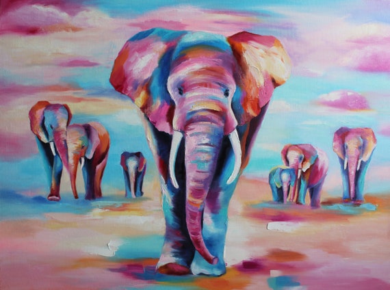 Elephants painting original Custom Oil wall art on canvas Mom and baby animal oil painting