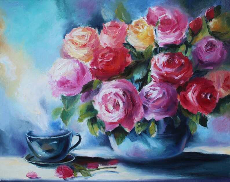 Rose Original Gemälde Öl auf Leinwand Blumen Kunst Rosen in | Etsy