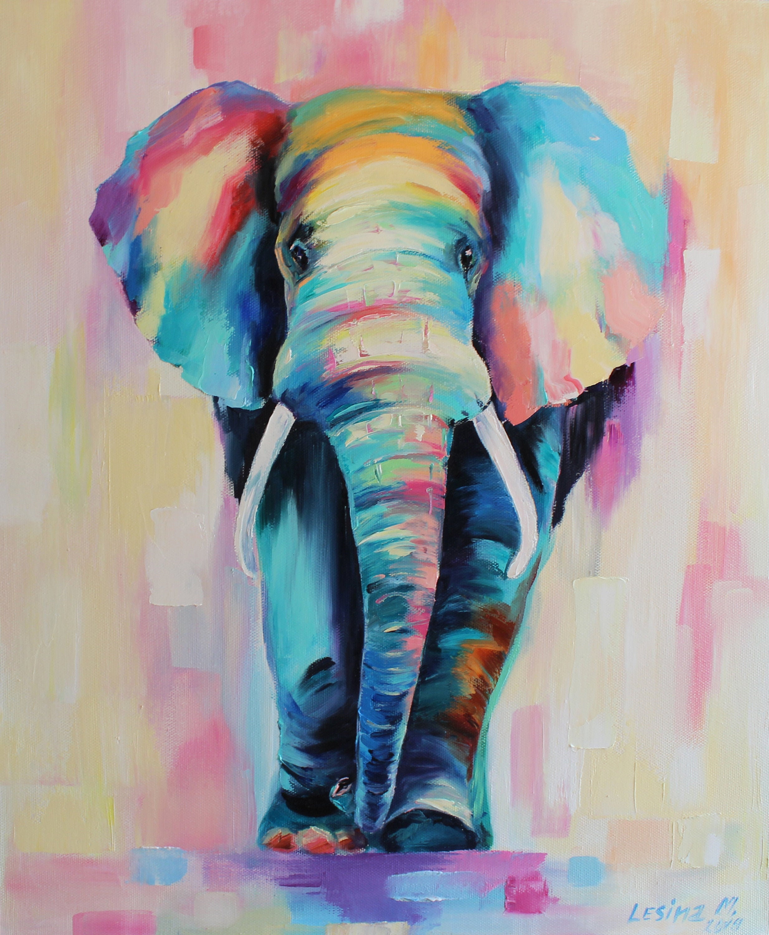 Colorful elephant painting Modern Multicolor animals oil art Etsy
