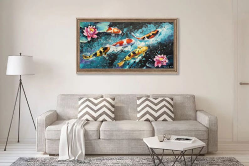Koi fish painting on canvas Carp oil art Feng Shui painting Japanese Carp Turquoise wall art Fish wall decor Original art 1632 in.