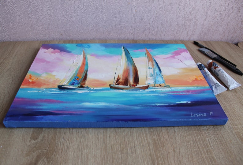 Sailboats oil painting on canvas Palette knife Impasto Sailing Etsy