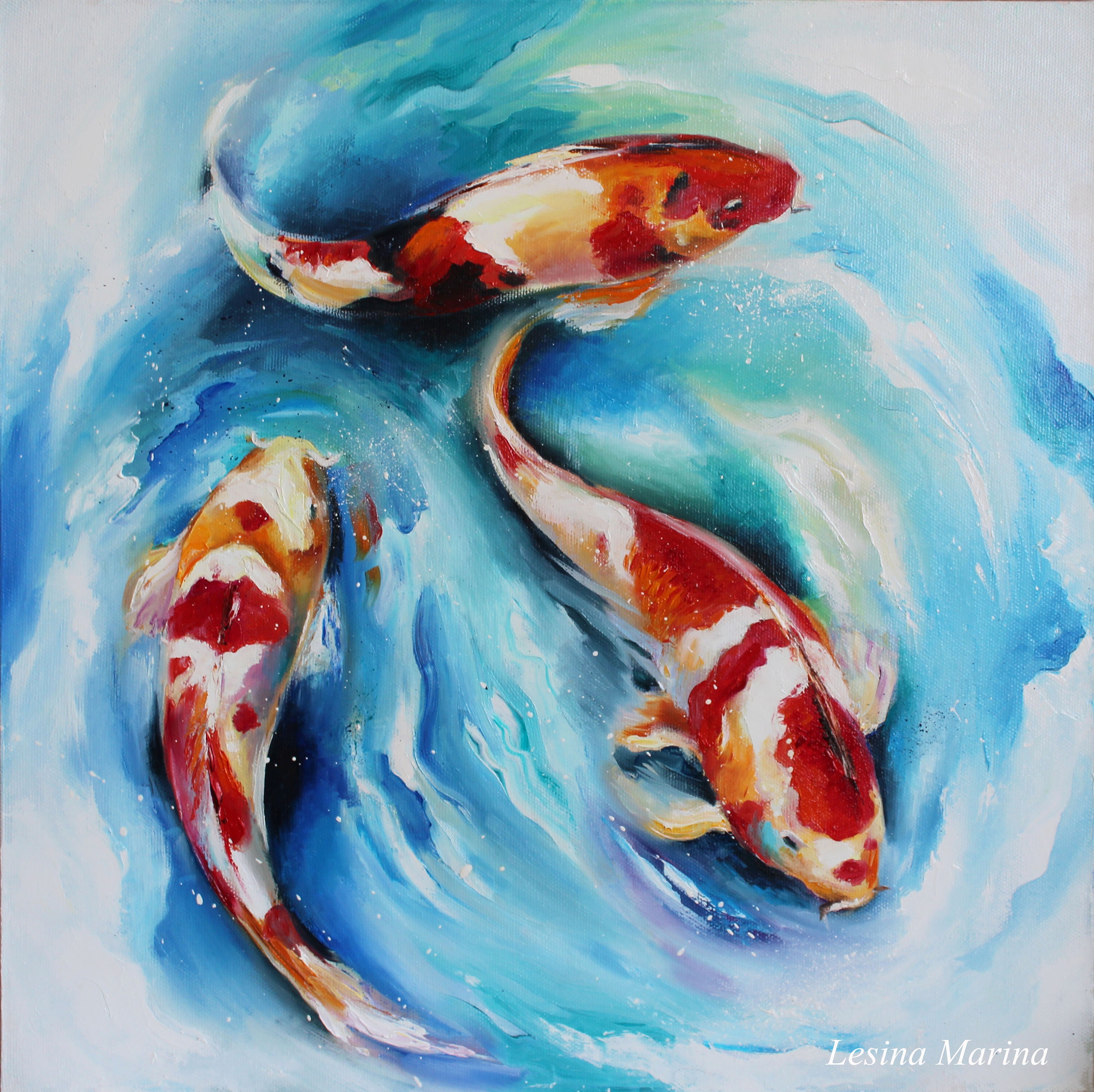 Koi Fish Oil Painting On Canvas Carp Original Art 20 20 Inch Etsy