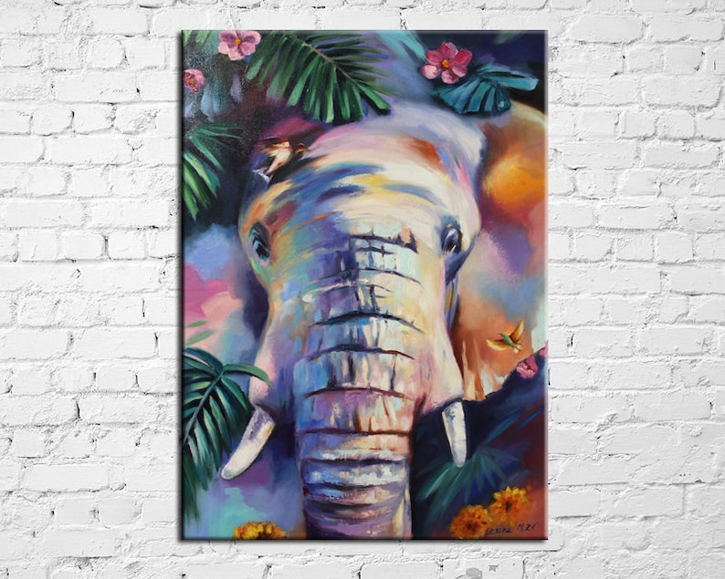 Colorful elephant painting Modern Multicolor animals art oil on canvas Elephant Artwork Elephant decor Indian art Nursery elephant fine art.
