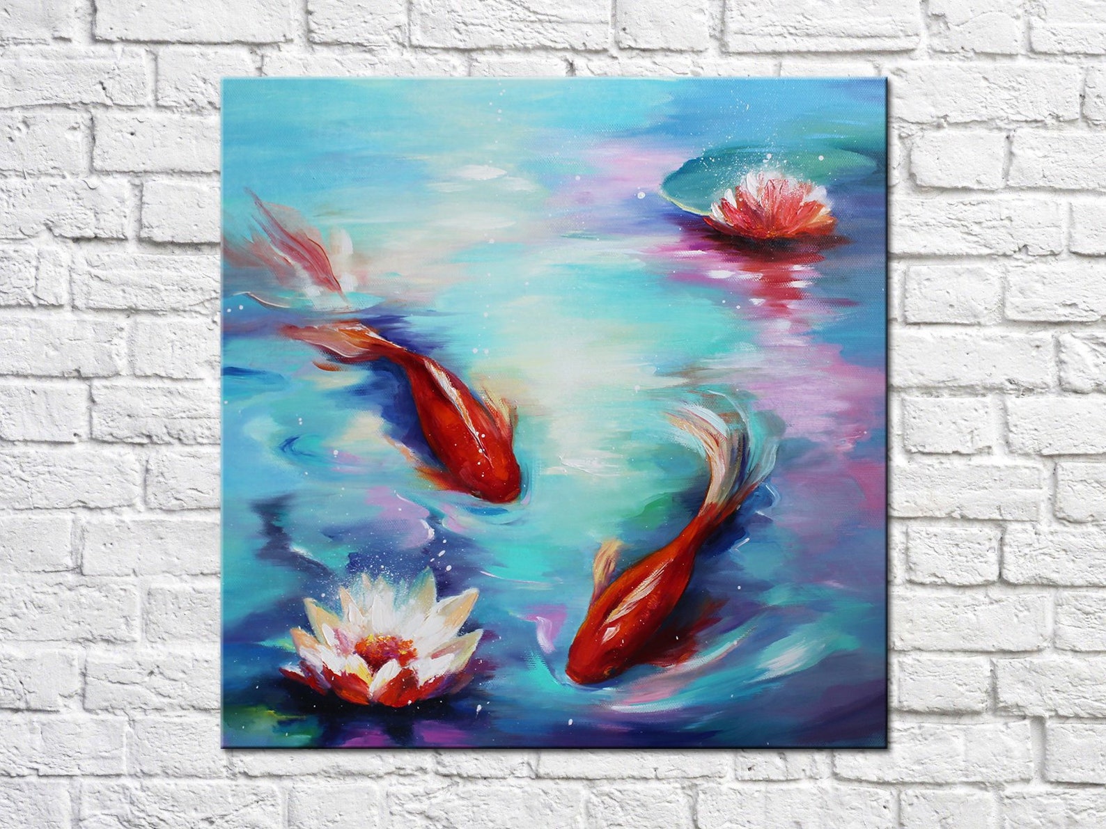 Fish Koi painting on canvas Japanese Carp oil art Lotus pond | Etsy